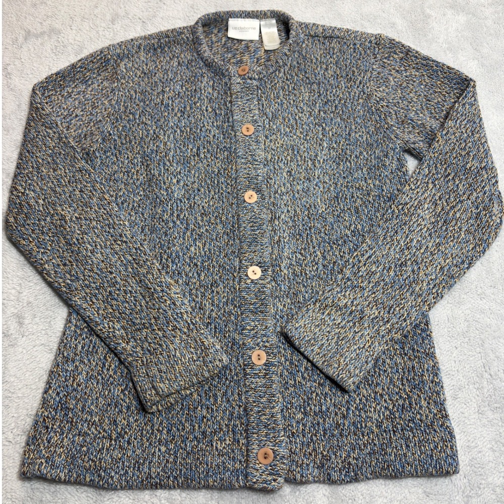 Liz Claiborne Cardigan Sweater Womens Medium Blue Marled Knit Button Front M